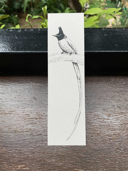 Bookmark with a black-and-white illustration of a Paradise Flycatcher 