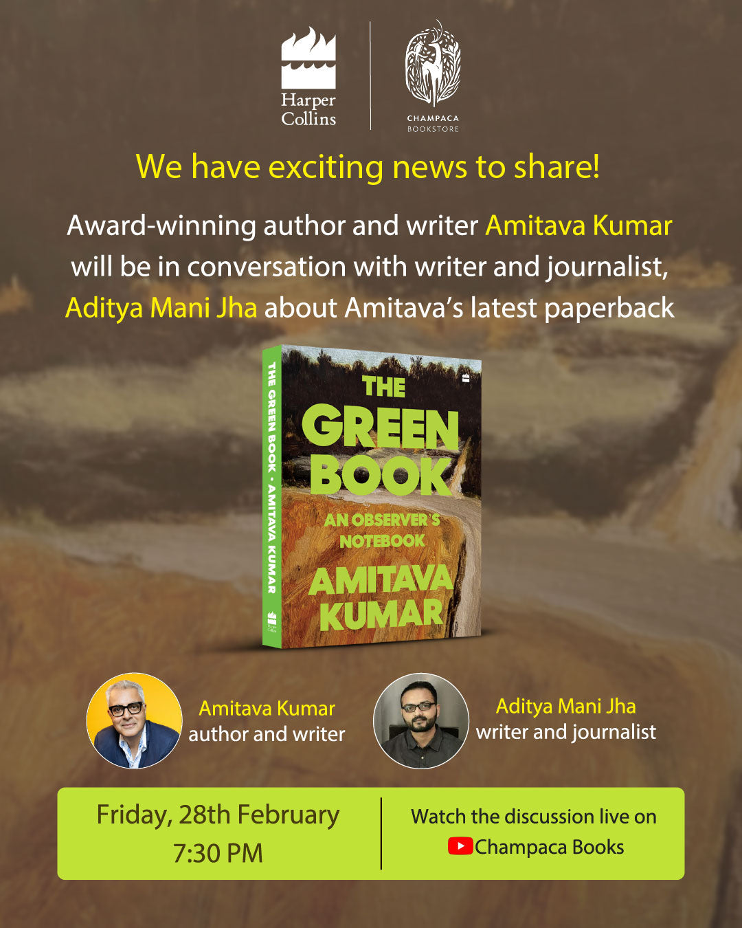 YouTube Live with Amitava Kumar and Aditya Mani Jha on THE GREEN BOOK ୲ 28 February, 7:30 PM