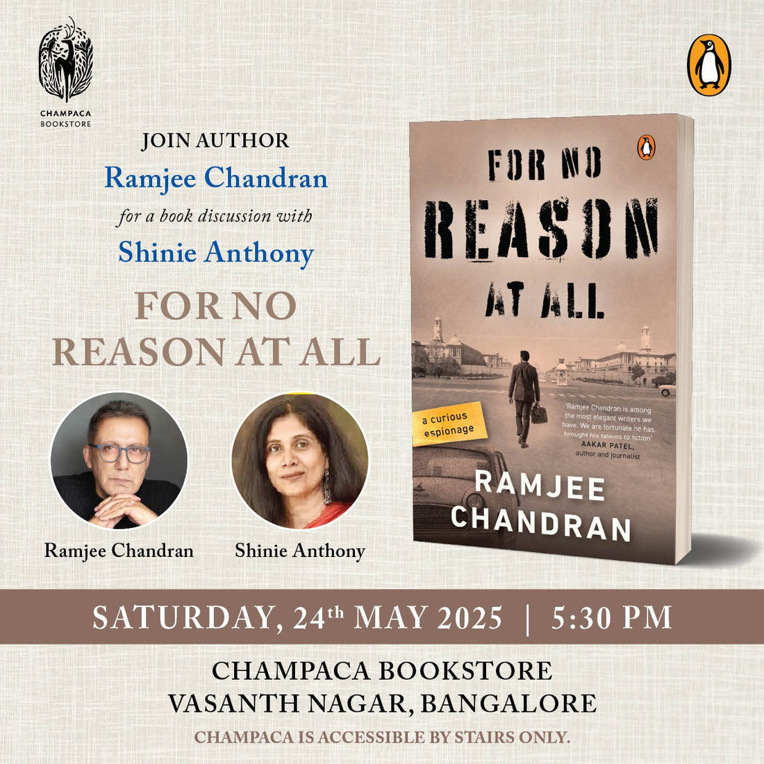 Book discussion on FOR NO REASON AT ALL with Ramjee Chandran and Shinie Anthony | 24th May, 5:30PM |  Champaca Bookstore, Vasanth Nagar