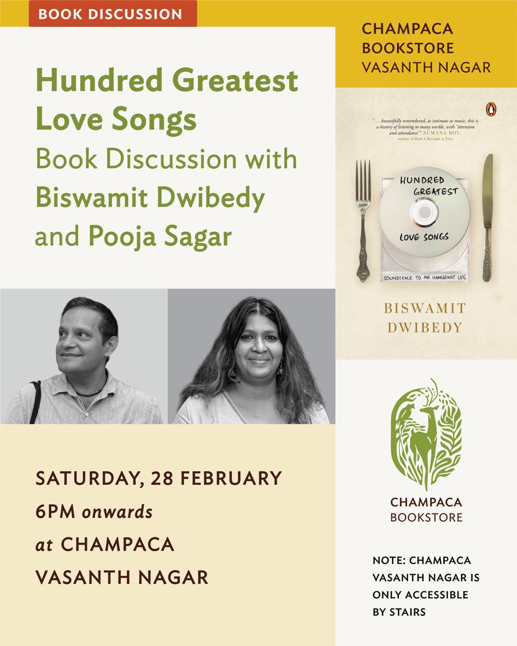 Hundred Greatest Love Songs: Book Discussion with Biswamit Dwibedy and Pooja Sagar | 28th February| 6 PM| Champaca, Vasanthnagar