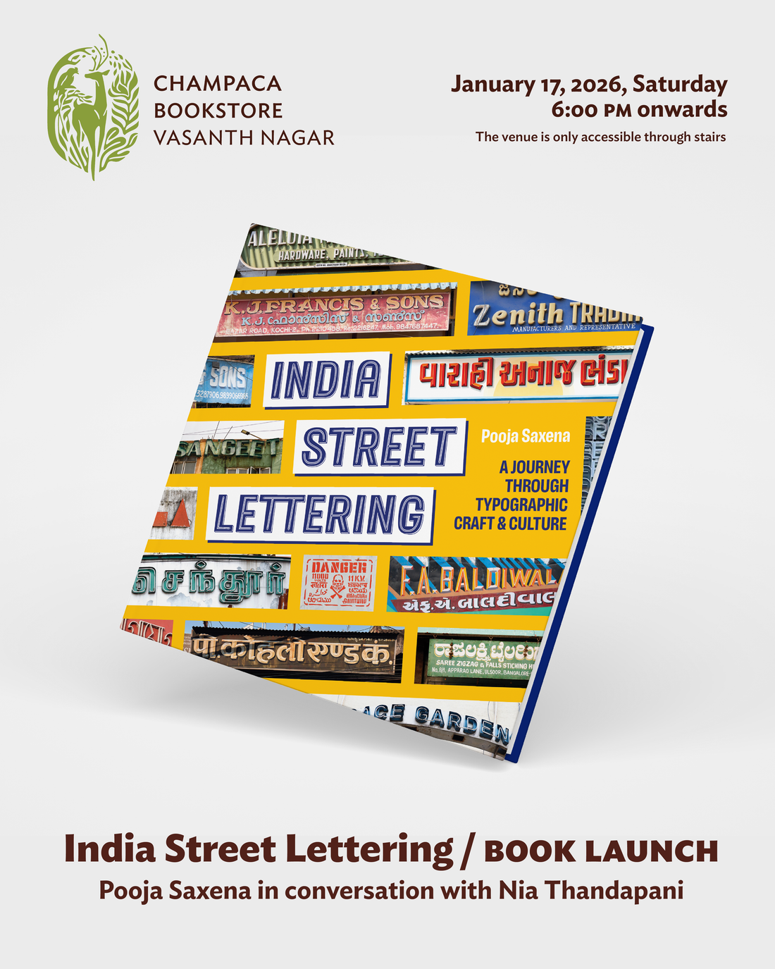 India Street Lettering: Book Launch with Pooja Saxena and Nia Thandapani at Champaca Vasanth Nagar | 17 January 2026 | 6PM Onwards