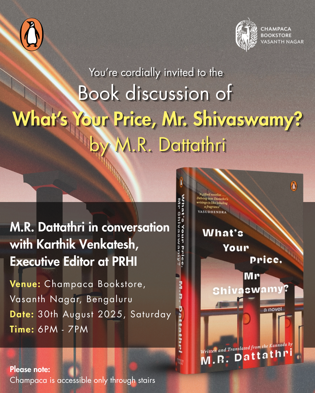 Book Discussion of WHAT’S YOUR PRICE, MR. SHIVASWAMY? with M. R. Dattathri and Karthik Venkatesh | Champaca, Vasanth Nagar | 30 August, 6PM