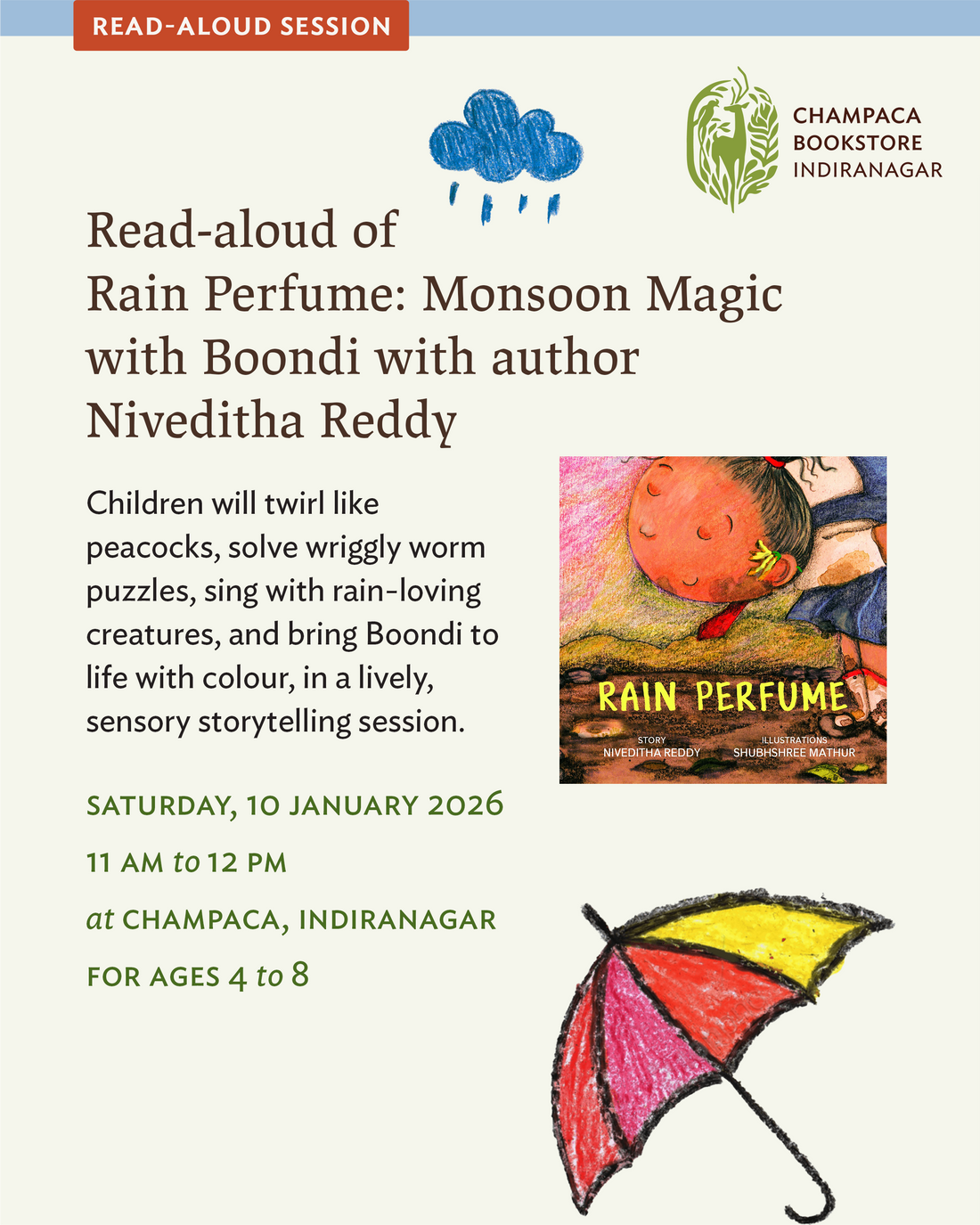 Read Aloud and Activity: Rain Perfume – Monsoon Magic with Boondi | Champaca Bookstore, Indiranagar | Saturday, 10 January 2026 | 11 AM onwards