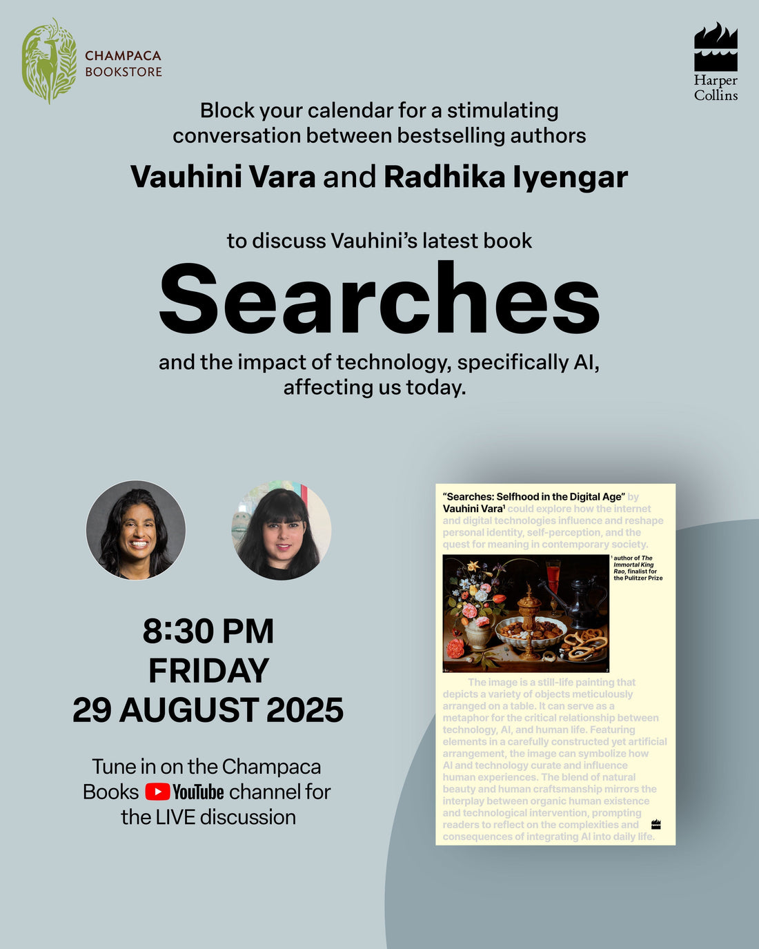 Online Book Discussion of SEARCHES: SELFHOOD IN THE DIGITAL AGE by Vauhini Vara with Radhika Iyengar | 29 August, 8:30PM