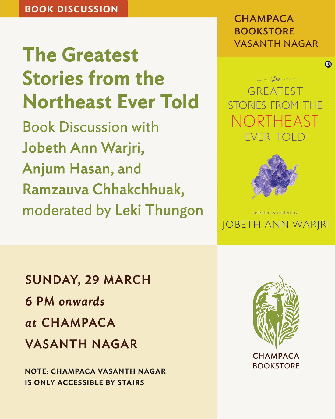The Greatest Stories from the Northeast Ever Told: Book Discussion with Ramzauva Chhakchhuak, Anjum Hasan, Jobeth Ann Warjri and Leki Thungon at Champaca Vasanth Nagar | 29 March, Sunday | 6PM Onwards