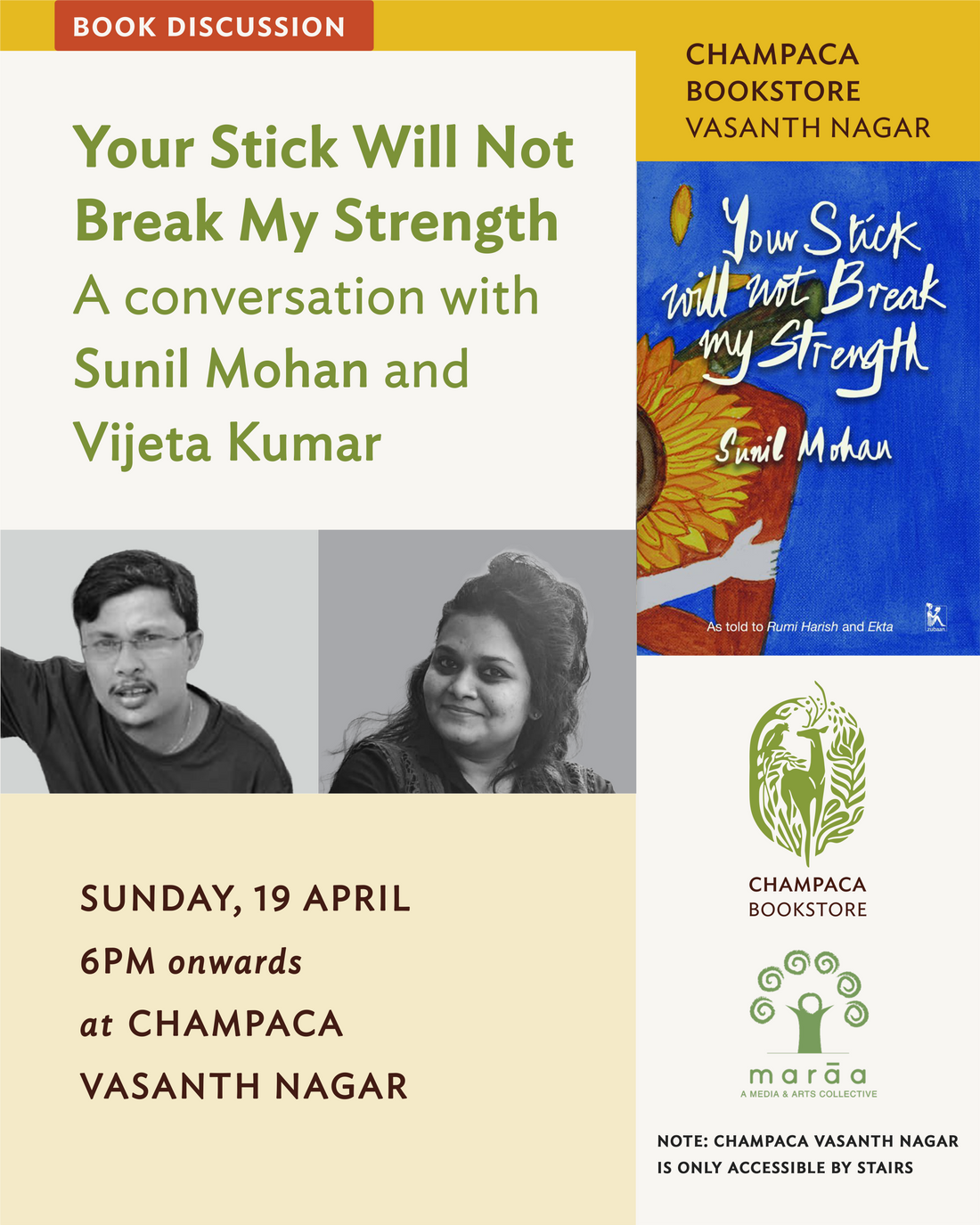 Your Stick Will Not Break My Strength: A conversation with Sunil Mohan and Vijeta Kumar| 19th April| 6:00 PM| Champaca, Vasanth Nagar