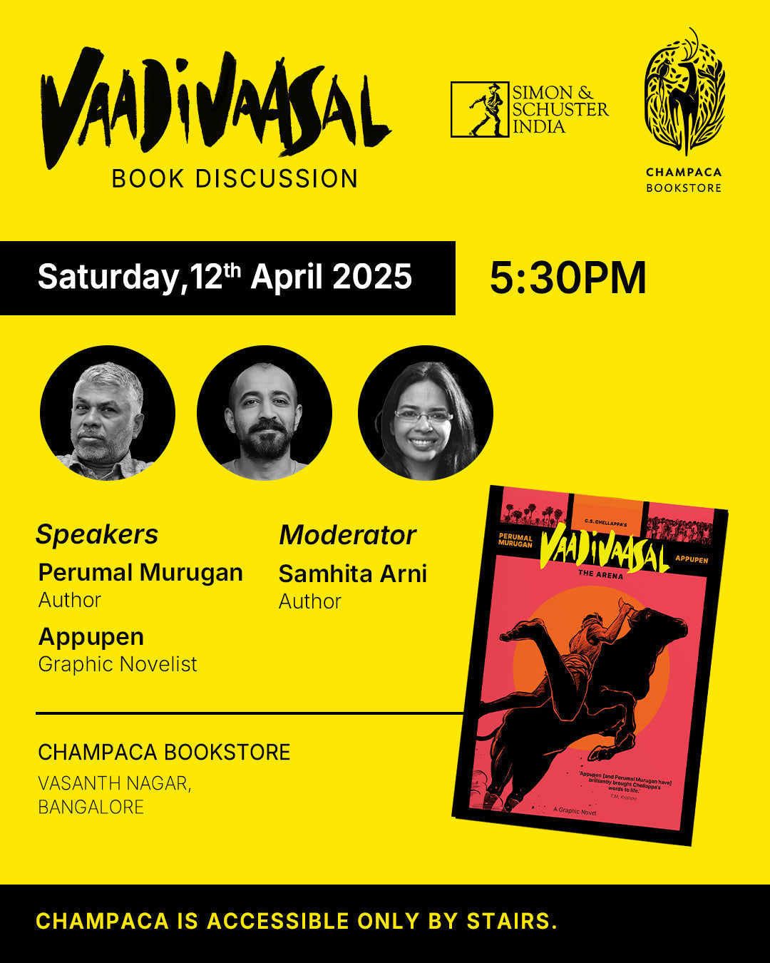 Book discussion of VAADIVAASAL – THE ARENA with Perumal Murugan, Appupen and Samhita Arni | 12th April, 5:30 PM