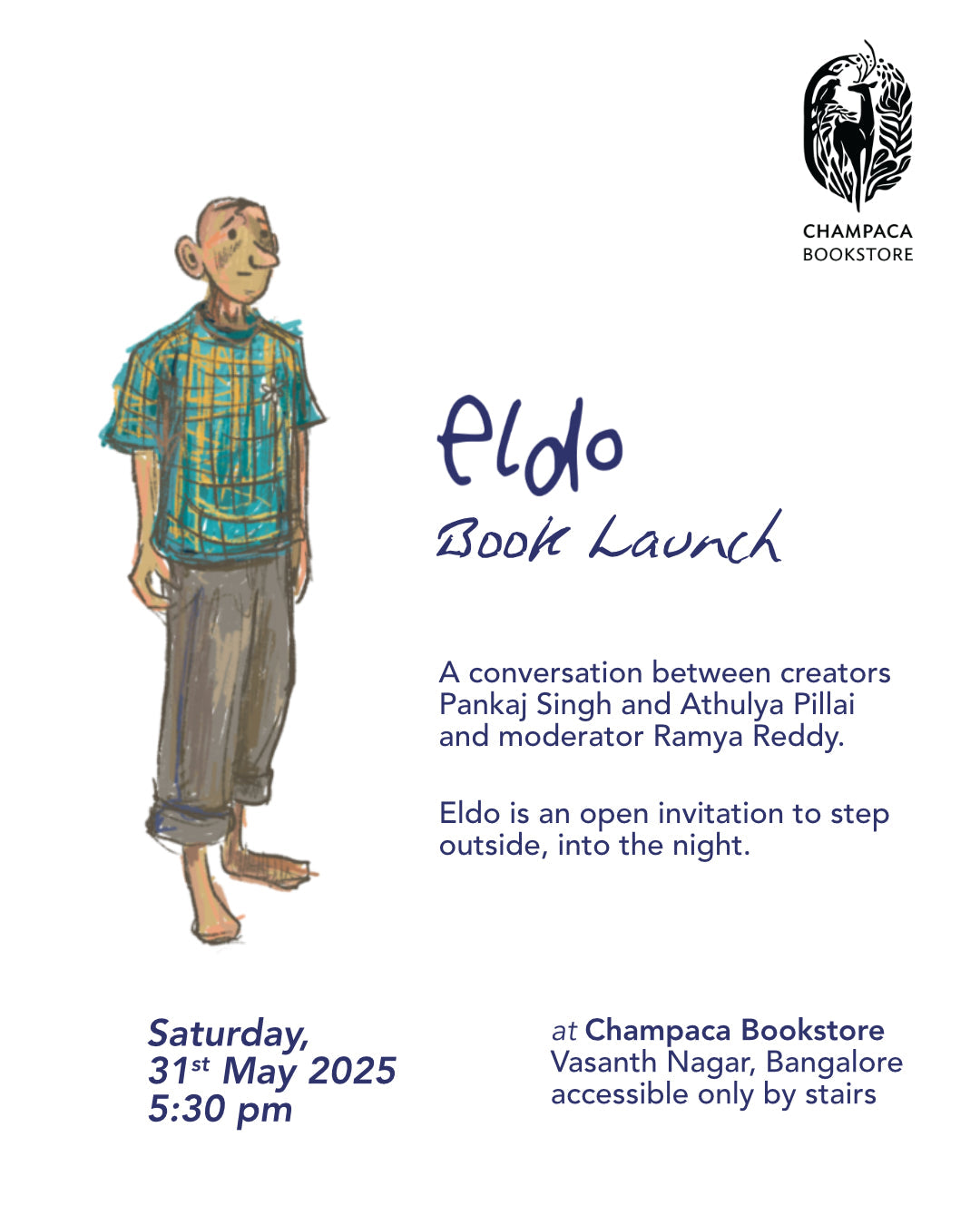 Book Launch of Eldo and a conversation on Yangdol with Pankaj Singh, Athulya Pillai and Ramya Reddy at champaca bookstore, Vasanth Nagar | Saturday, 31st May 2025 | 5:30 PM
