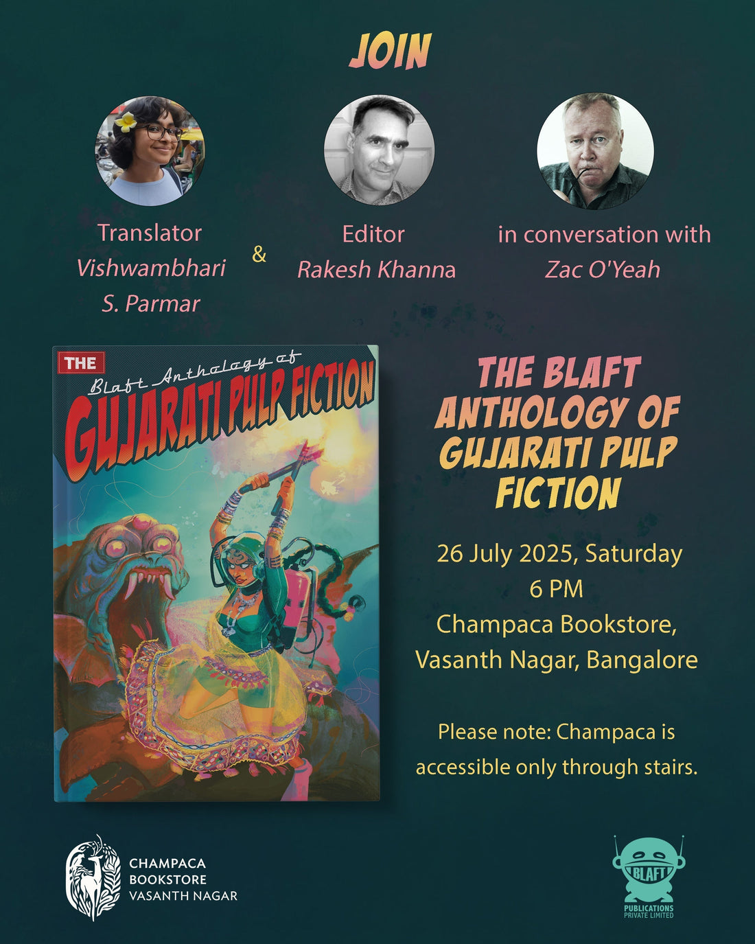 Book Discussion on THE BLAFT ANTHOLOGY OF GUJARATI PULP FICTION with Vishwambhari S Parmar and Rakesh Khanna in conversation with Zac O’Yeah | Champaca, Vasanth Nagar | 26 July, 6PM