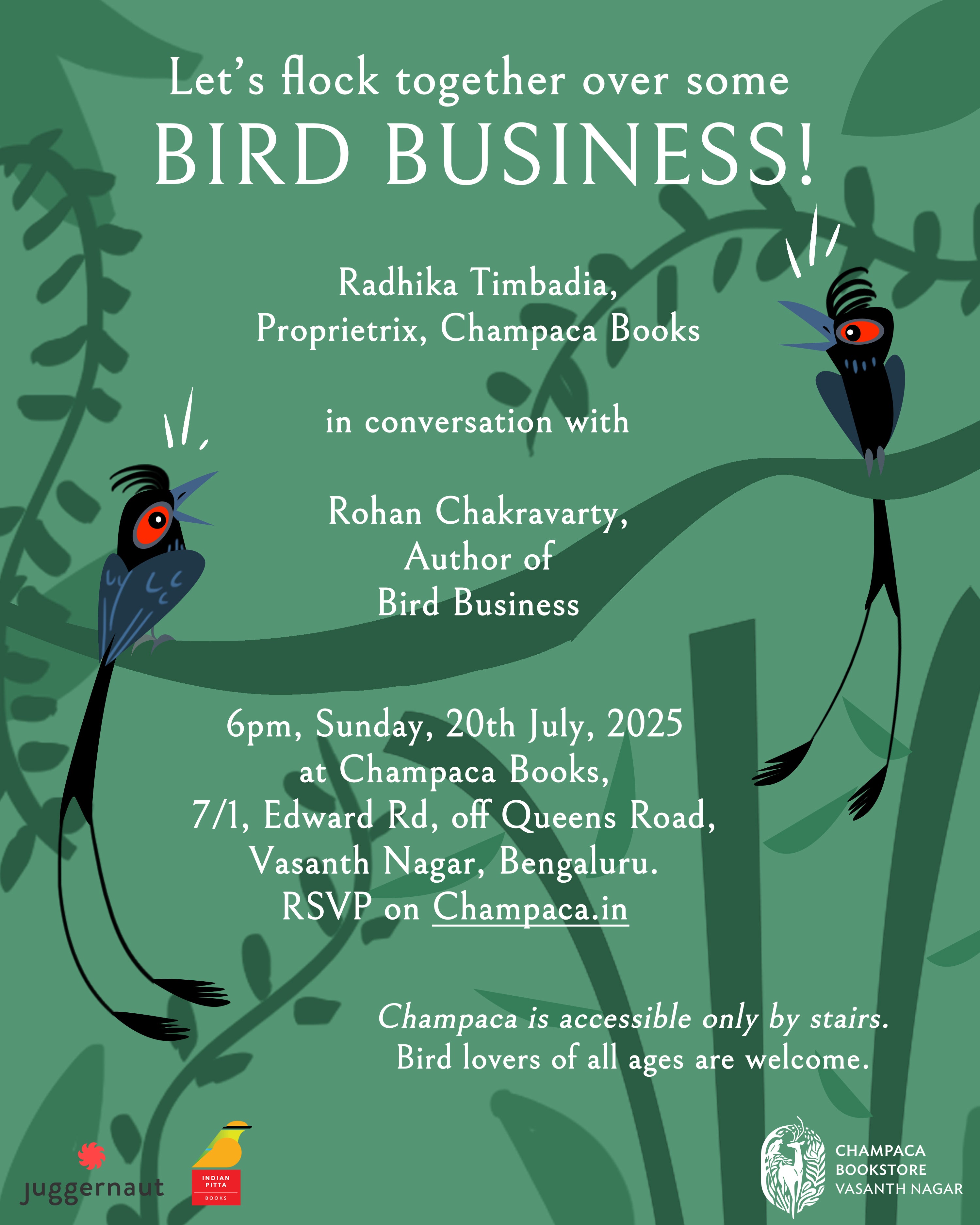 Book Discussion: BIRD BUSINESS by Rohan Chakravarty with Radhika Timbadia | Champaca, Vasanth Nagar | 20 July, 6PM