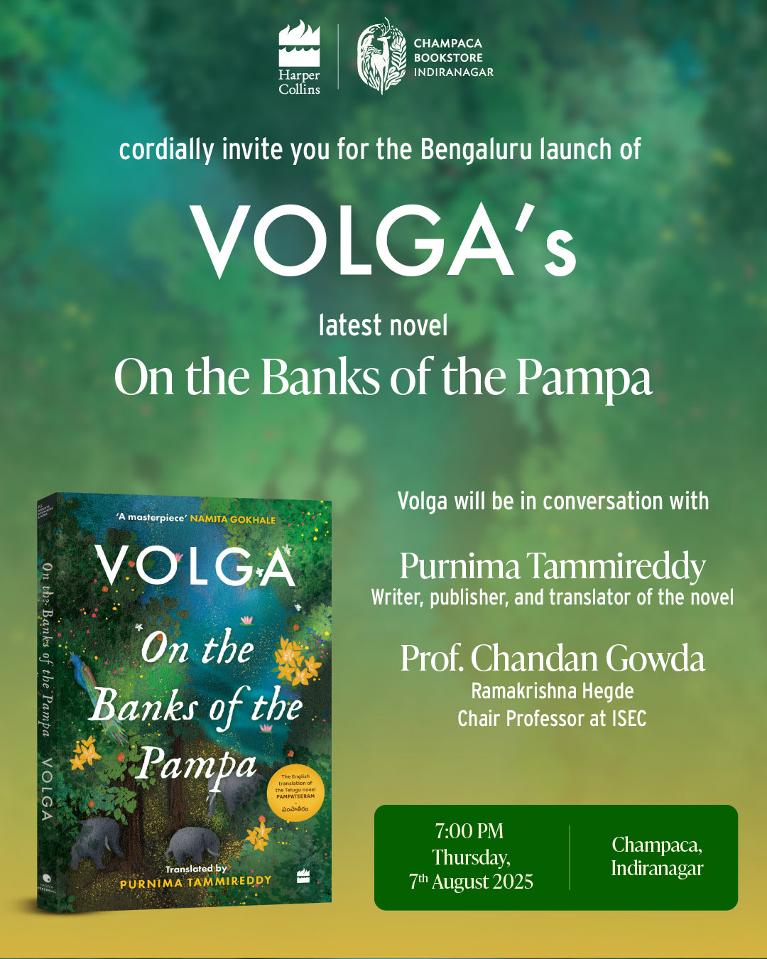 Book Launch of ON THE BANKS OF THE PAMPA by Volga in conversation with Purnima Tammireddy and Chandan Gowda | Champaca, Indiranagar | 7 August, 7:00PM
