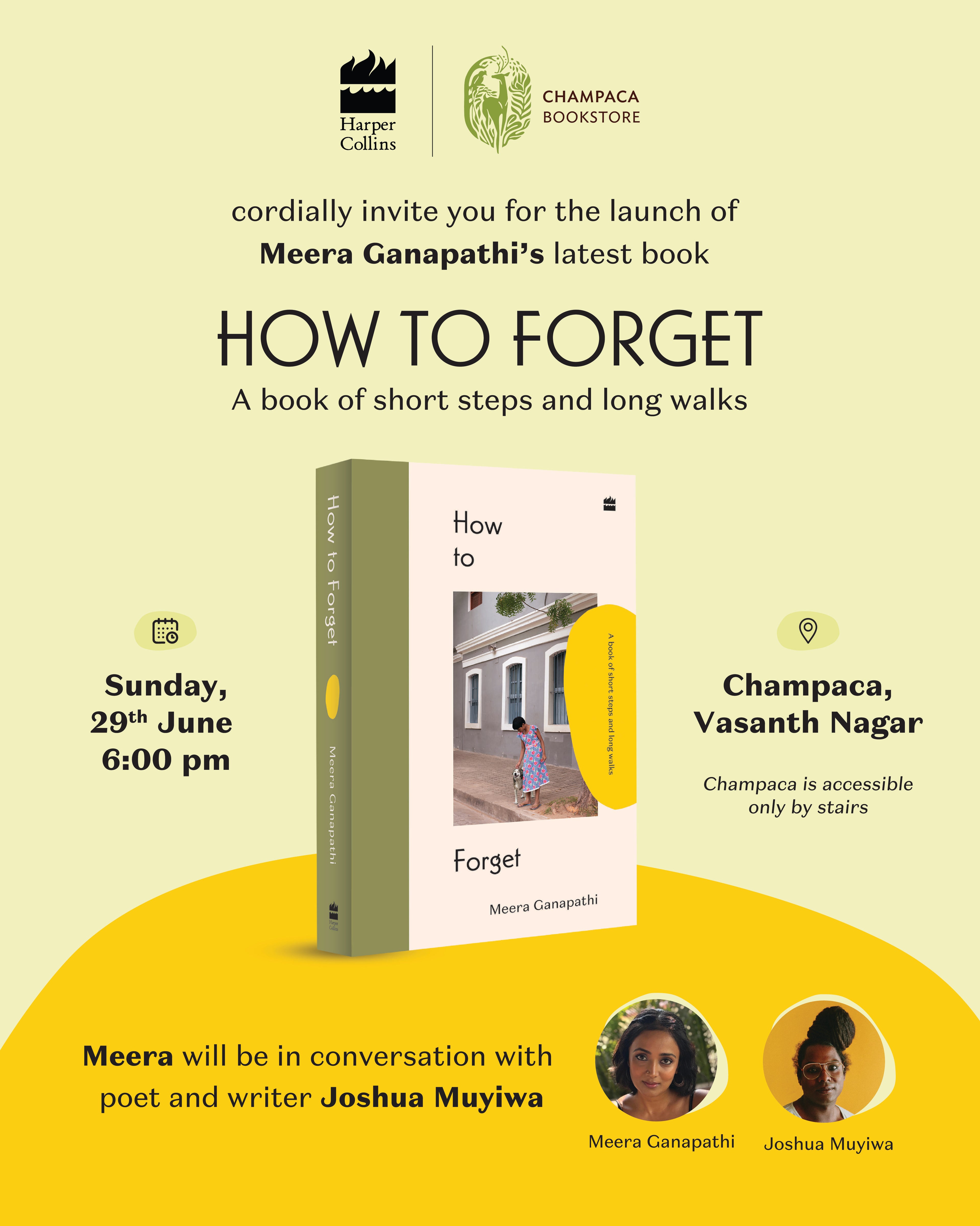 Book Launch of HOW TO FORGET by Meera Ganapathi with Joshua Muyiwa | Champaca, Vasanth Nagar | 29 June, 6:00PM
