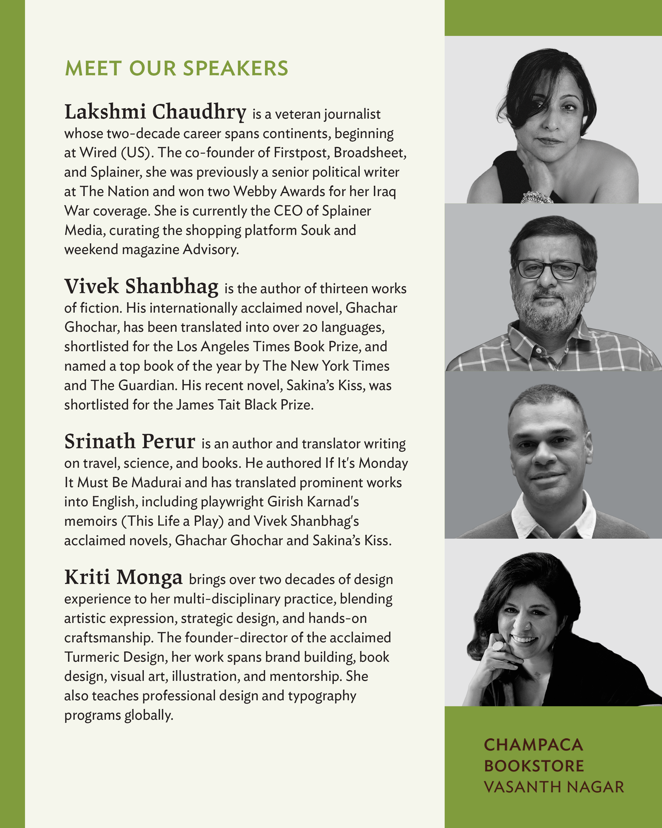 Book Discussion: Taste. A conversation with Vivek Shanbhag  and Srinath Perur moderated by Lakshmi Chaudhry, followed by a design walkthrough by Kriti Monga.
