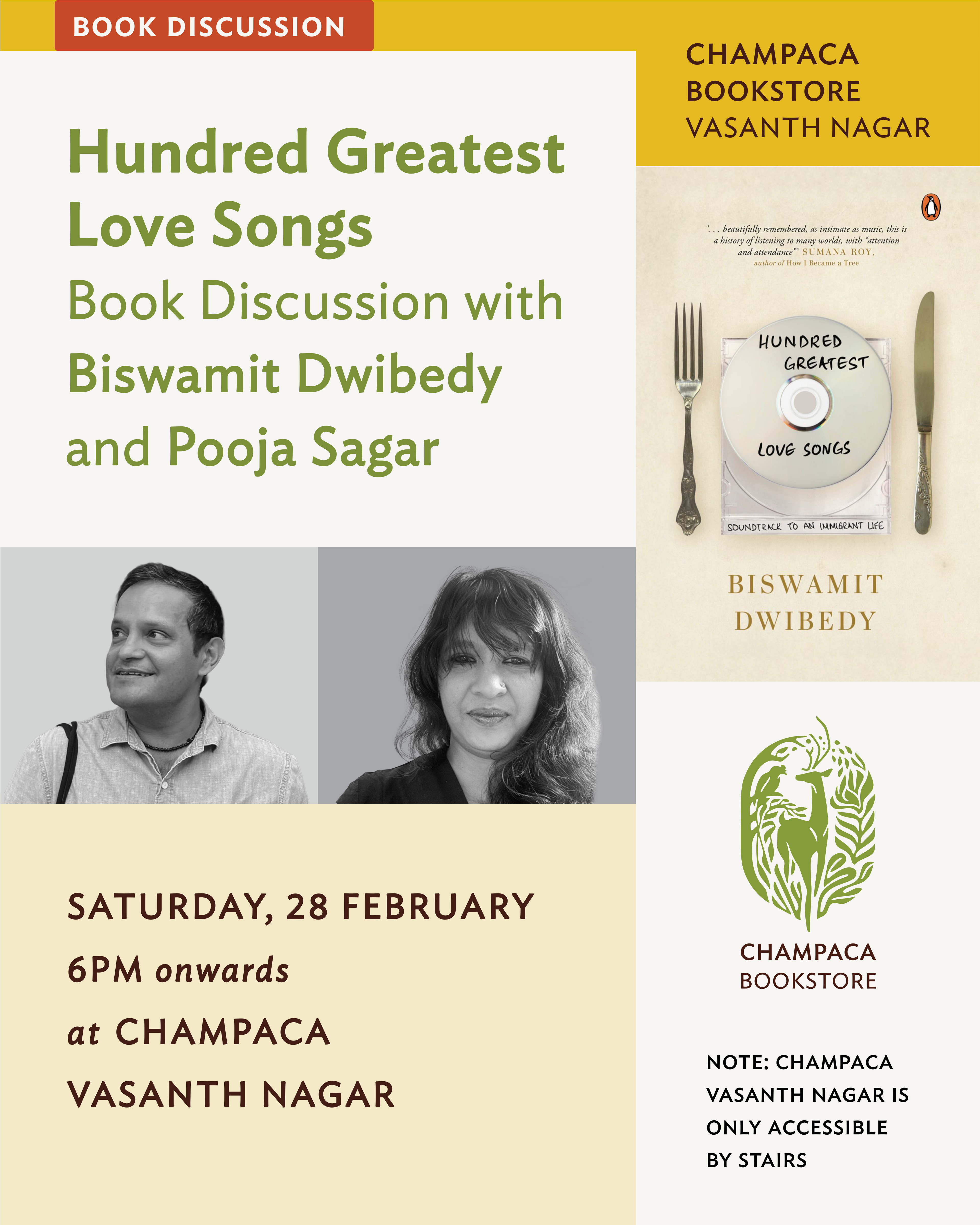 Hundred Greatest Love Songs: Book Discussion with Biswamit Dwibedy and Pooja Sagar | 28th February| 6 PM| Champaca, Vasanthnagar