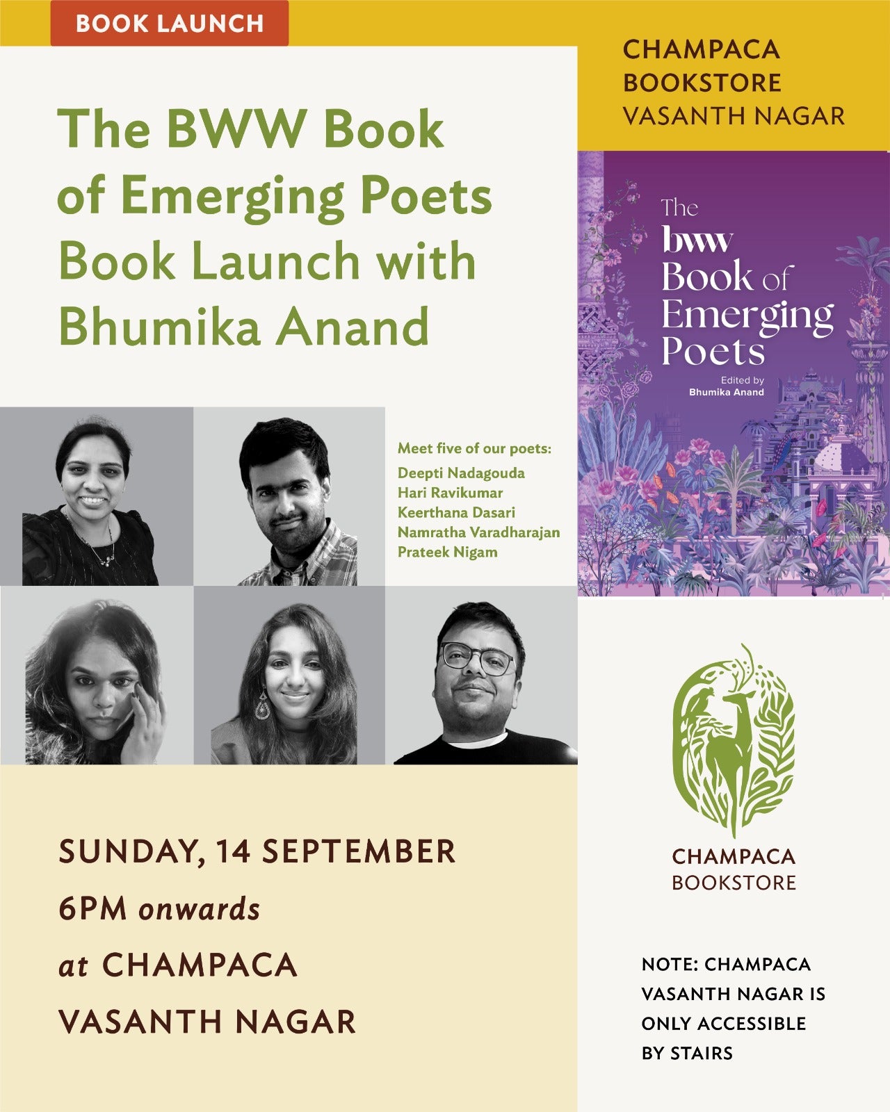 The Bangalore Writers Workshop Book of Emerging Poets - Book Launch with Bhumika Anand | Champaca, Vasanth Nagar | 14 September, 6PM