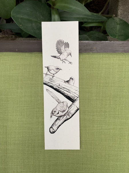 Bookmark with a black-and-white illustration of Indian White-Eyes and Common Tailorbird