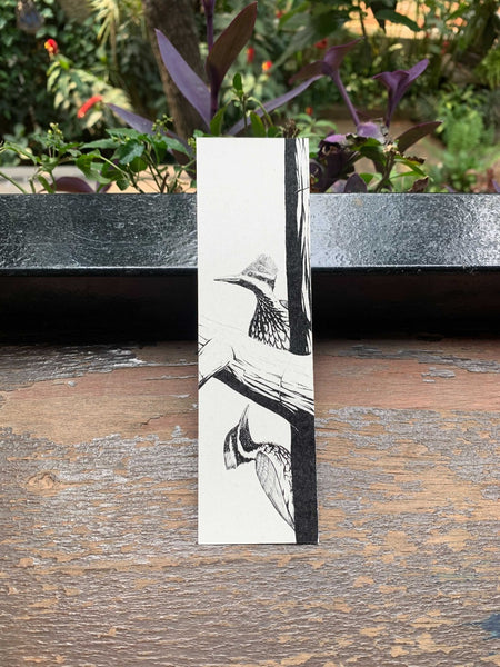 Bookmark with a black-and-white illustration of Black-Rumped Flamebacks