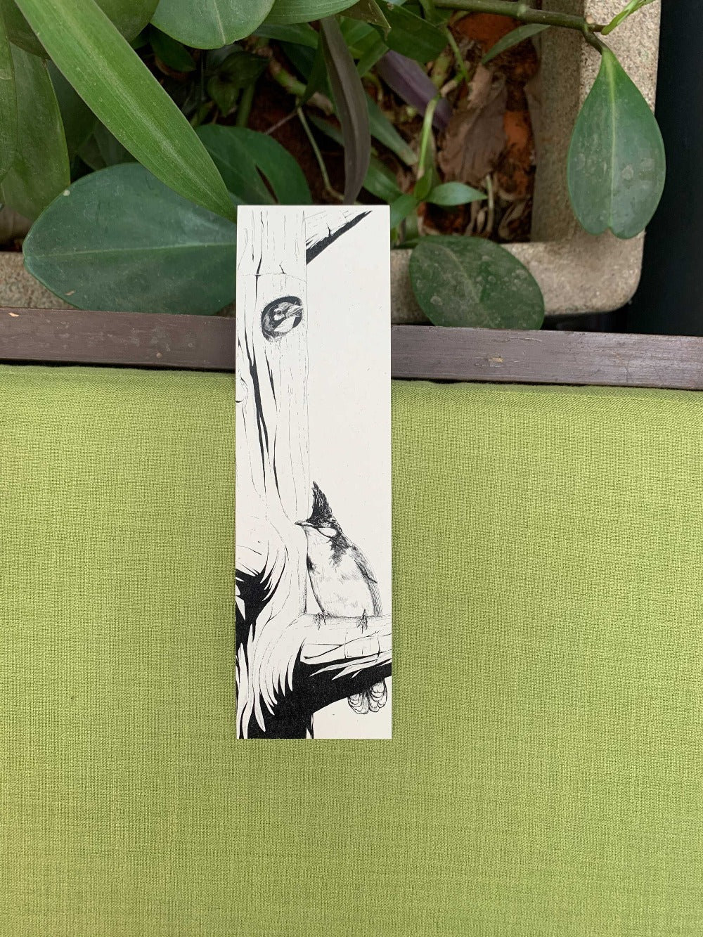 Bookmark with a black-and-white illustration of Coppersmith Barbet and Red-whiskered Bulbul