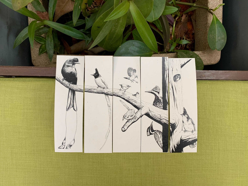 Set of five illustrated bookmarks of birds of South India