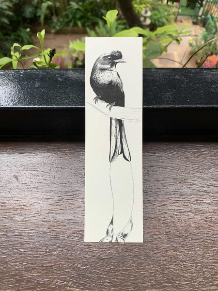 Bookmark with a black-and-white illustration of a Greater Racket-Tailed Drongo